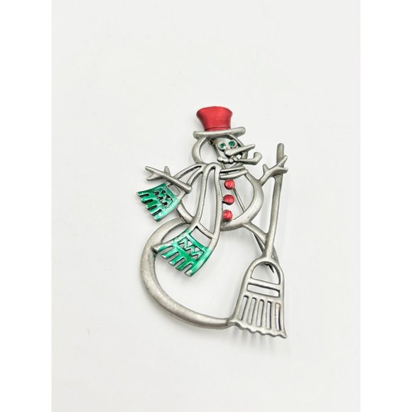 Vintage Signed JJ Snowman Christmas Holiday Brooch Pin Pewter & Enamel Red Green - Picture 3 of 8